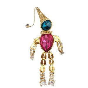 Gold Tone Rivoli Lucite Rhinestone Articulated Mardi Gras Jester Clown Pin K217